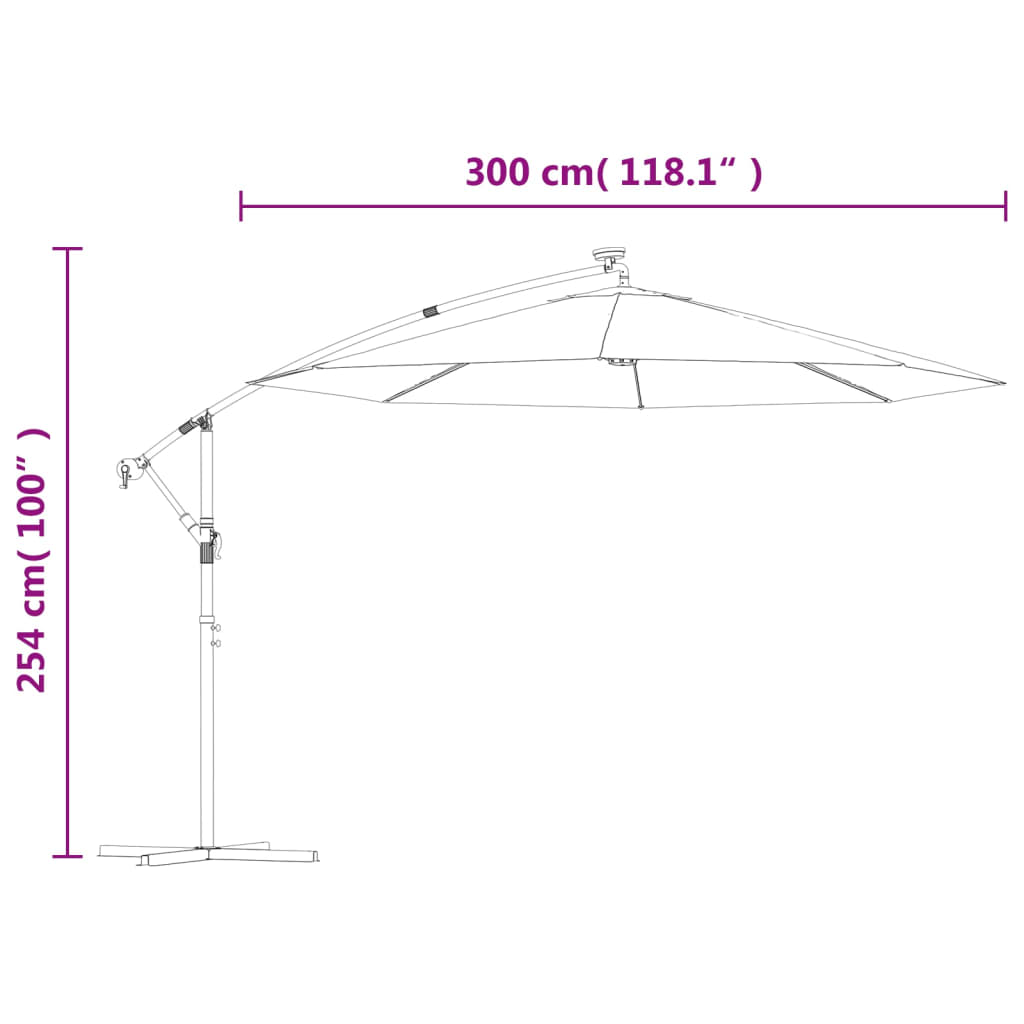 Gembinis skėtis su LED ir plieniniu stulpu, taupe, 300cm