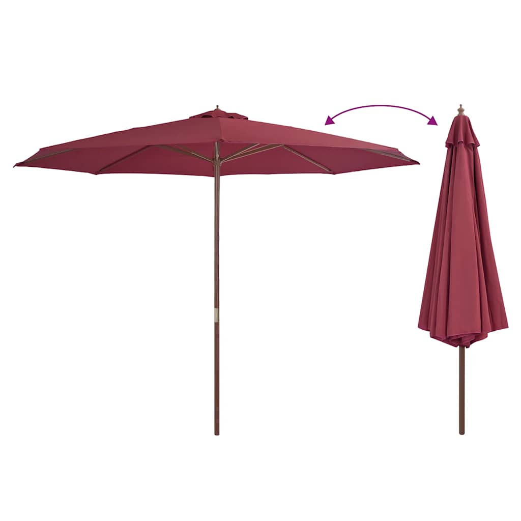 Lauko skėtis su mediniu stulpu, tamsiai raudonas, 350cm