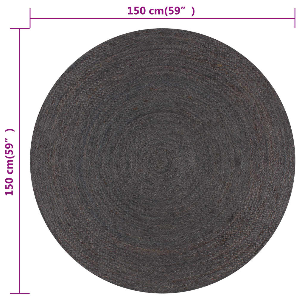 Kilimas, tamsiai pilkas, 150cm, džiutas, apvalus, rankų darbo