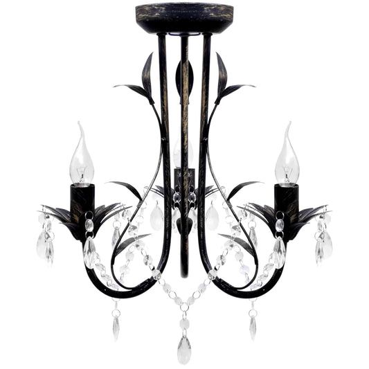 Art Nouveau Juodo Metalo Sietynas su Krištolo Karoliukais, 3 x E14