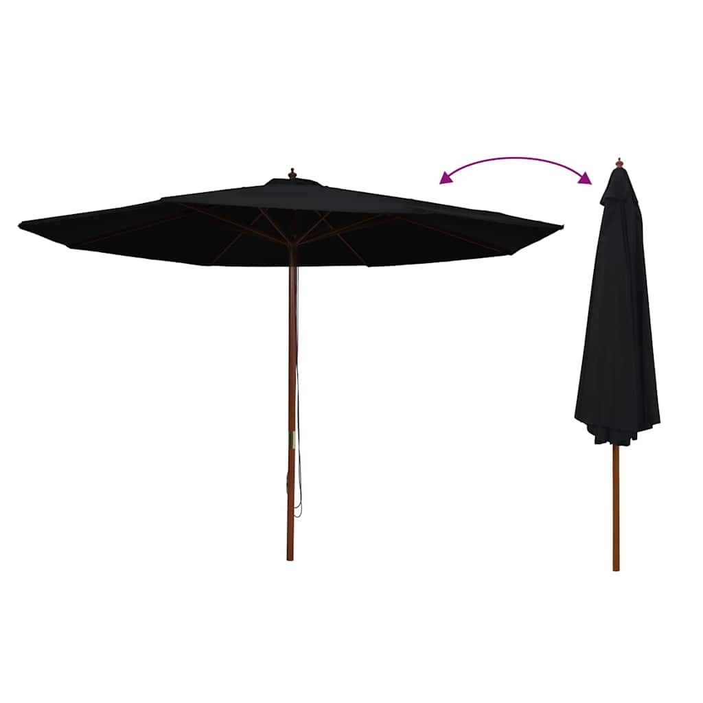 Lauko skėtis nuo saulės su mediniu stulpu, juodas, 350cm