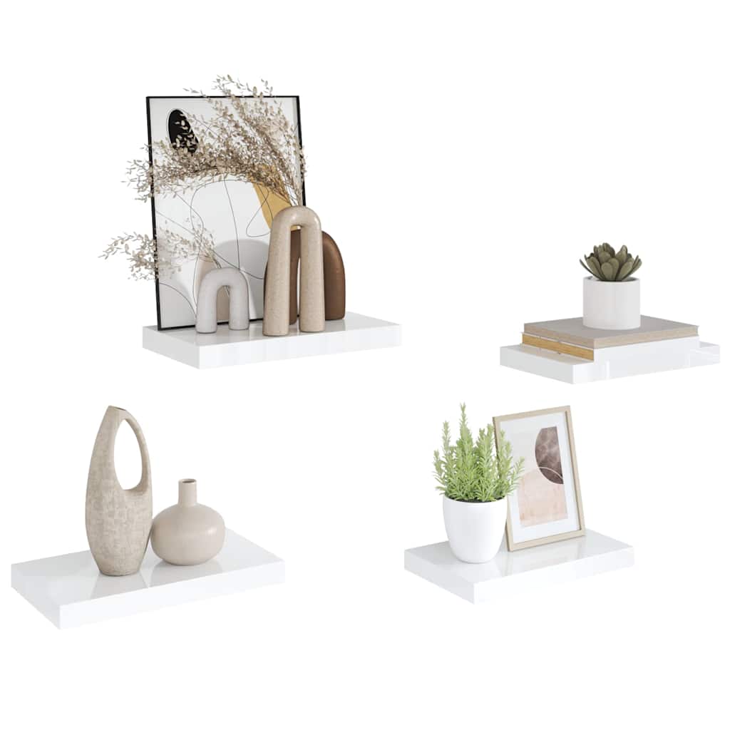 Pakabinamos sieninės lentynos, 4vnt., baltos, 40x23x3,8cm, MDF
