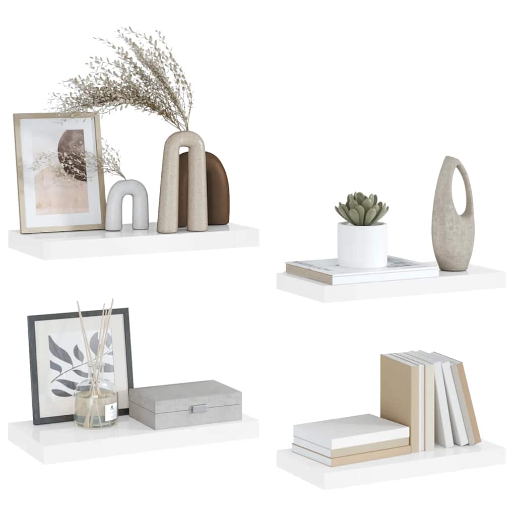 Pakabinamos sieninės lentynos, 4vnt., baltos, 50x23x3,8cm, MDF