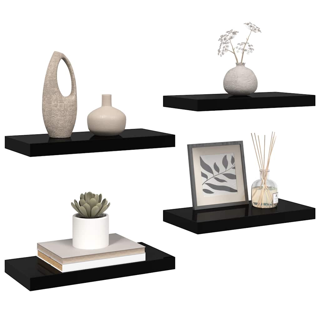 Pakabinamos sieninės lentynos, 4vnt., juodos, 50x23x3,8cm, MDF
