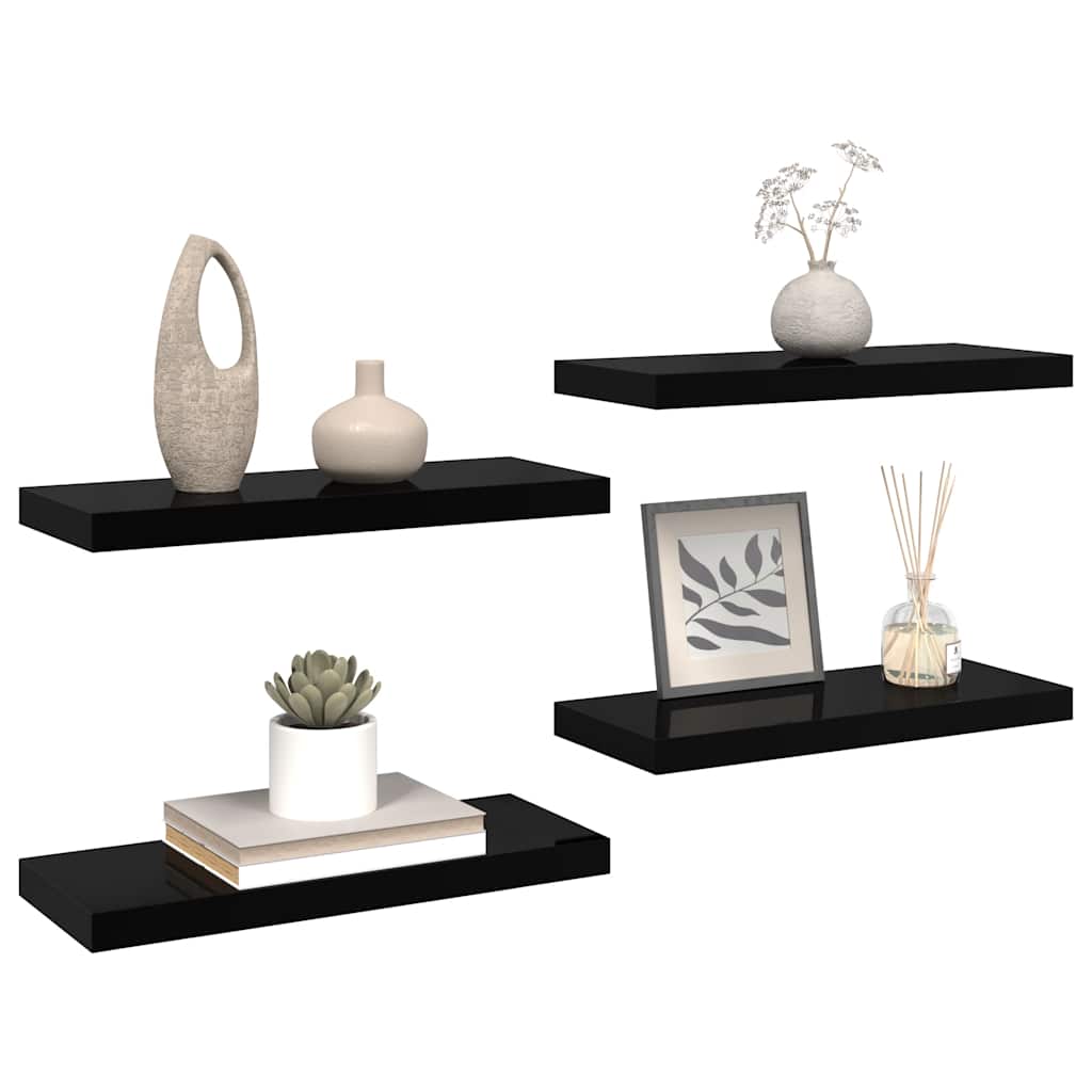 Pakabinamos lentynos, 4vnt., juodos, 60x23,5x3,8cm, MDF