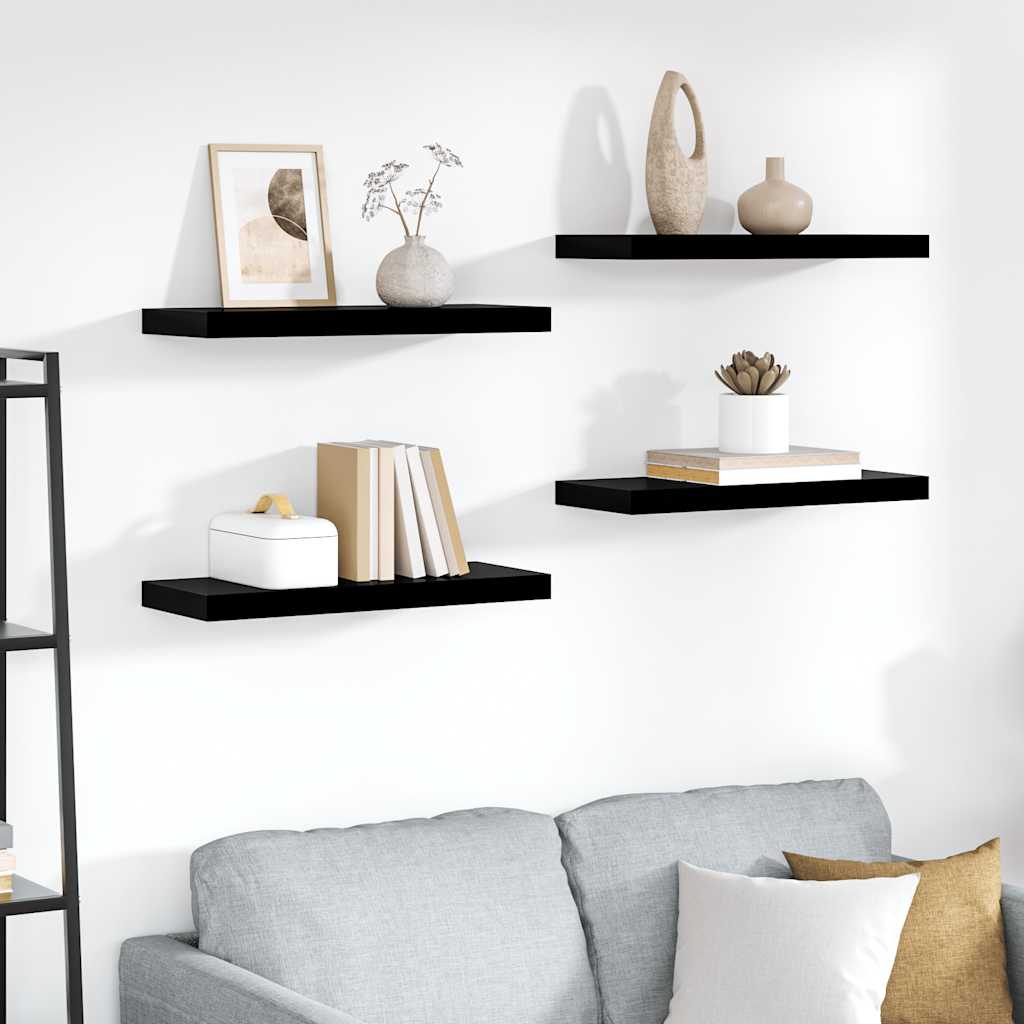 Pakabinamos lentynos, 4vnt., juodos, 60x23,5x3,8cm, MDF