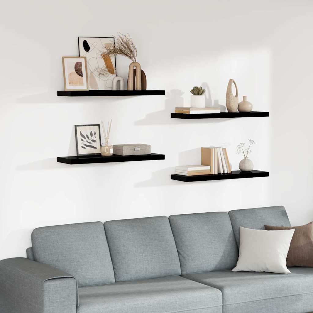 Pakabinamos lentynos, 4vnt., juodos, 80x23,5x3,8cm, MDF