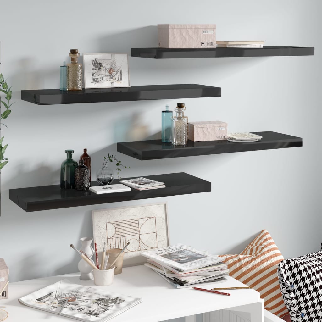 Pakabinamos lentynos, 4vnt., juodos, 80x23,5x3,8cm, MDF