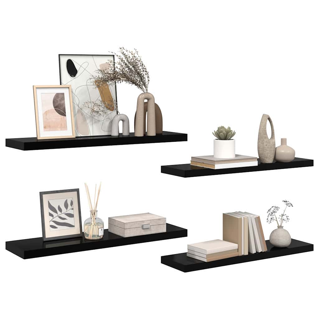 Pakabinamos lentynos, 4vnt., juodos, 90x23,5x3,8cm, MDF