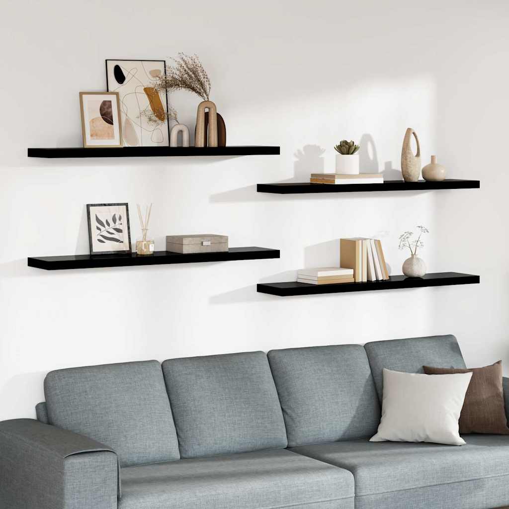 Pakabinamos lentynos, 4vnt., juodos, 120x23,5x3,8cm, MDF