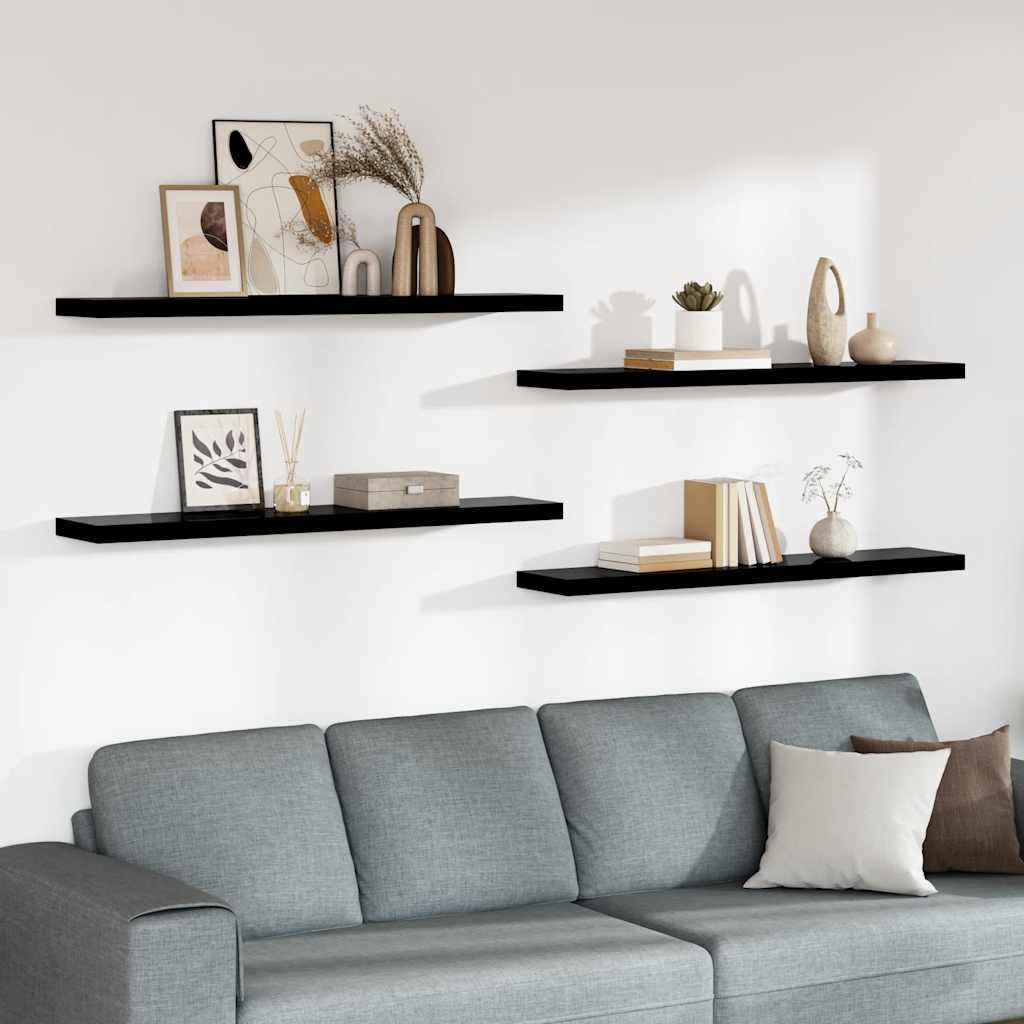 Pakabinamos lentynos, 4vnt., juodos, 120x23,5x3,8cm, MDF