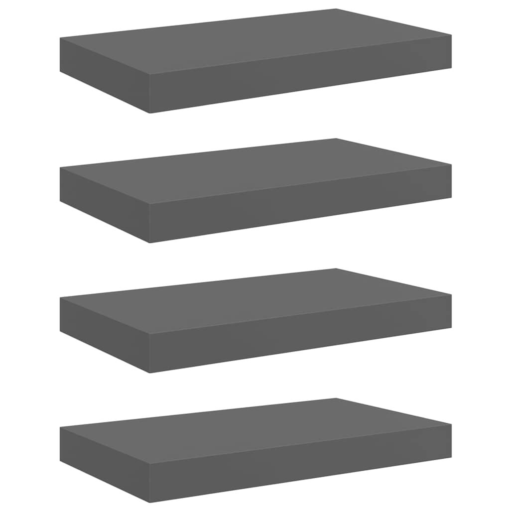 Pakabinamos sieninės lentynos, 4vnt., pilkos, 40x23x3,8cm, MDF