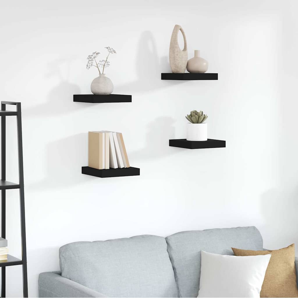 Pakabinamos lentynos, 4vnt., juodos, 23x23,5x3,8cm, MDF