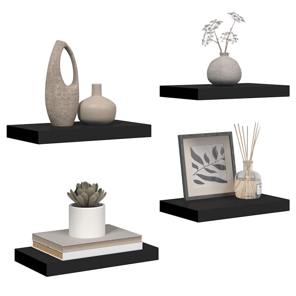 Pakabinamos sieninės lentynos, 4vnt., juodos, 40x23x3,8cm, MDF