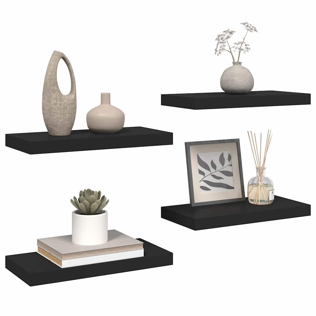 Pakabinamos sieninės lentynos, 4vnt., juodos, 50x23x3,8cm, MDF