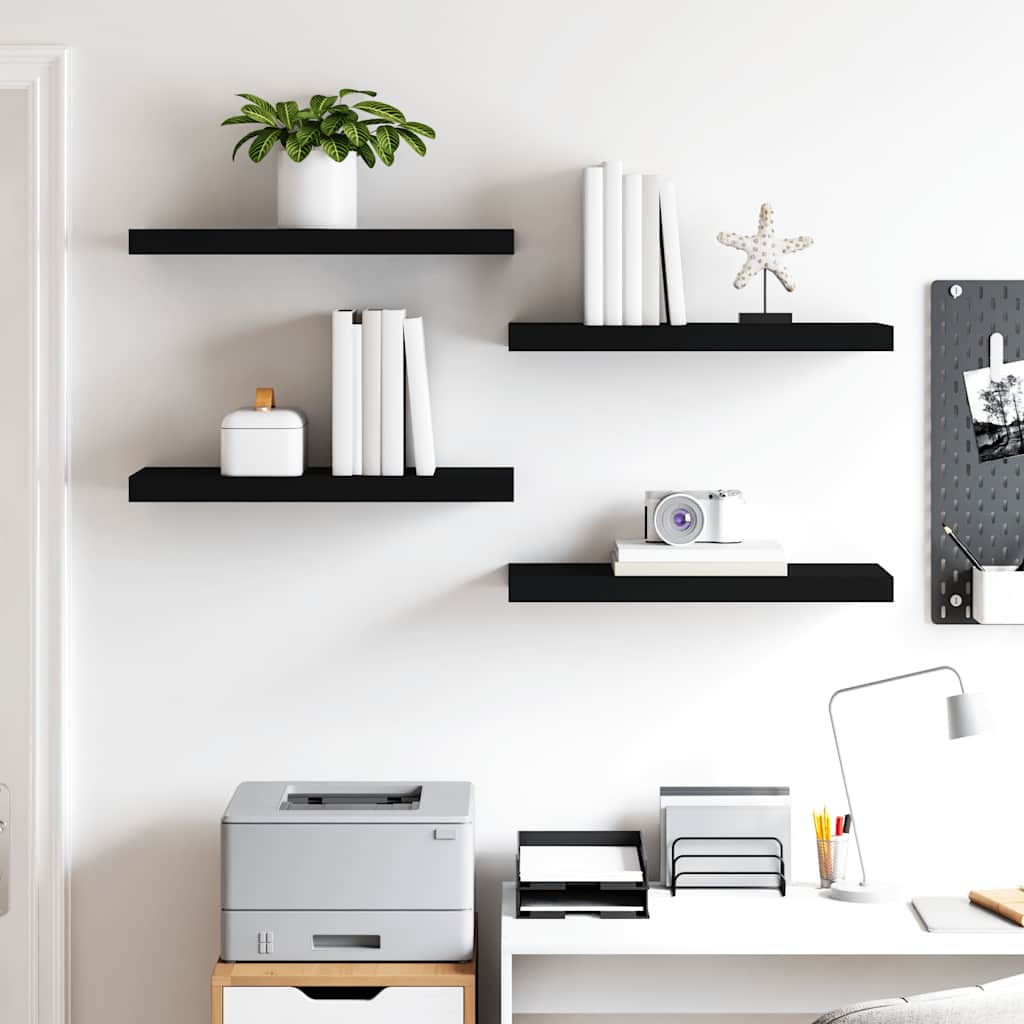 Pakabinamos lentynos, 4vnt., juodos, 60x23,5x3,8cm, MDF