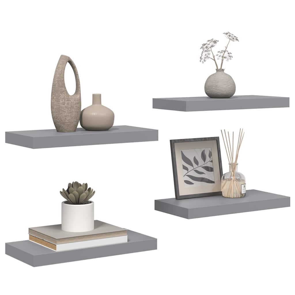 Pakabinamos sieninės lentynos, 4vnt., pilkos, 50x23x3,8cm, MDF