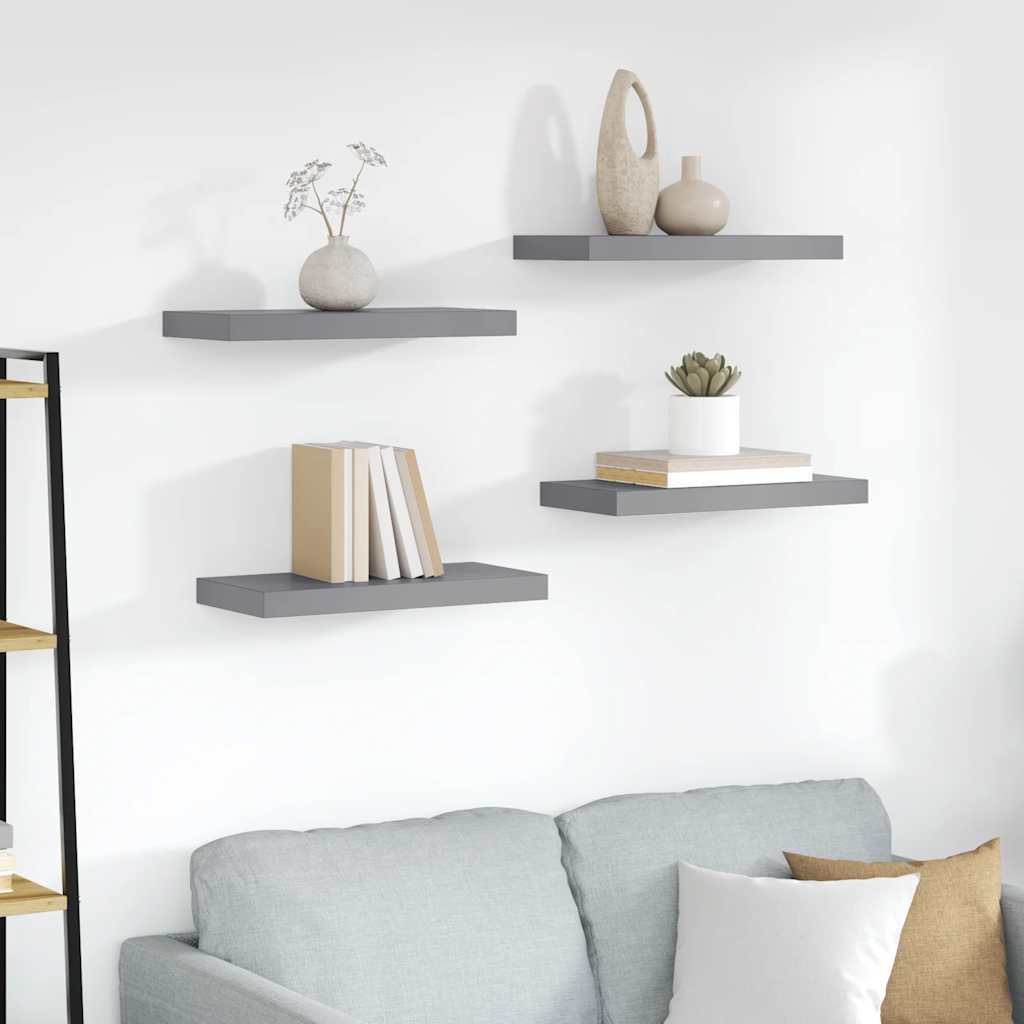 Pakabinamos sieninės lentynos, 4vnt., pilkos, 50x23x3,8cm, MDF