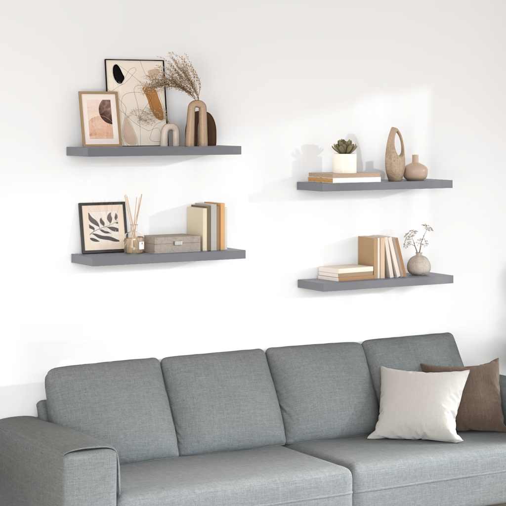 Pakabinamos lentynos, 4vnt., pilkos, 80x23,5x3,8cm, MDF