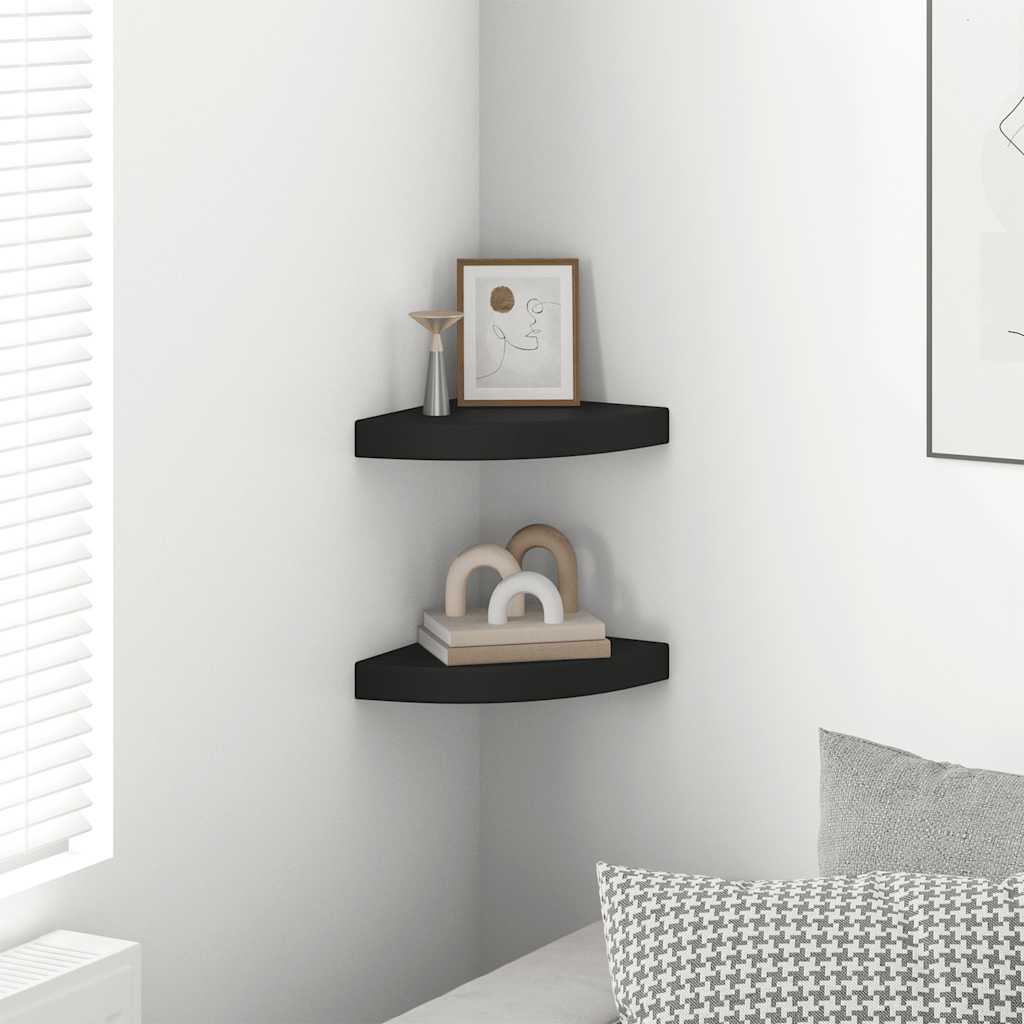 Pakabinamos kampinės lentynos, 2vnt., juodos, 25x25x3,8cm, MDF
