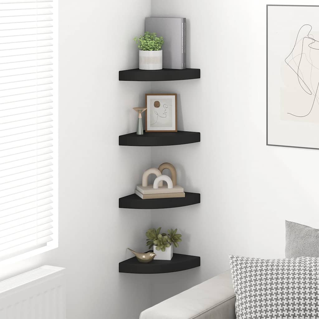 Pakabinamos kampinės lentynos, 4vnt., juodos, 25x25x3,8cm, MDF