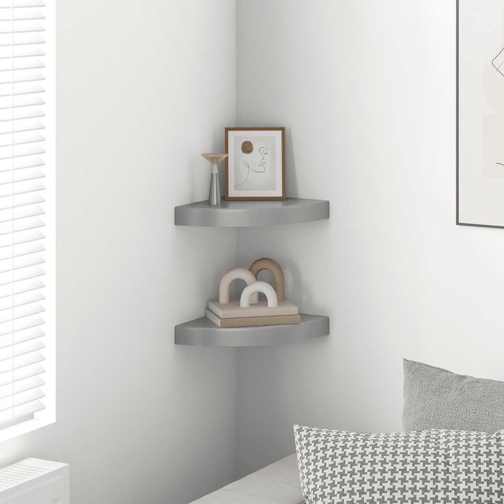 Pakabinamos kampinės lentynos, 2vnt., pilkos, 25x25x3,8cm, MDF