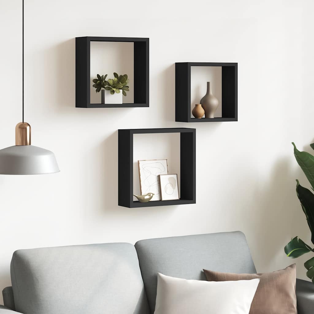 Sieninės lentynos, 3vnt., juodos spalvos, MDF, kubo formos