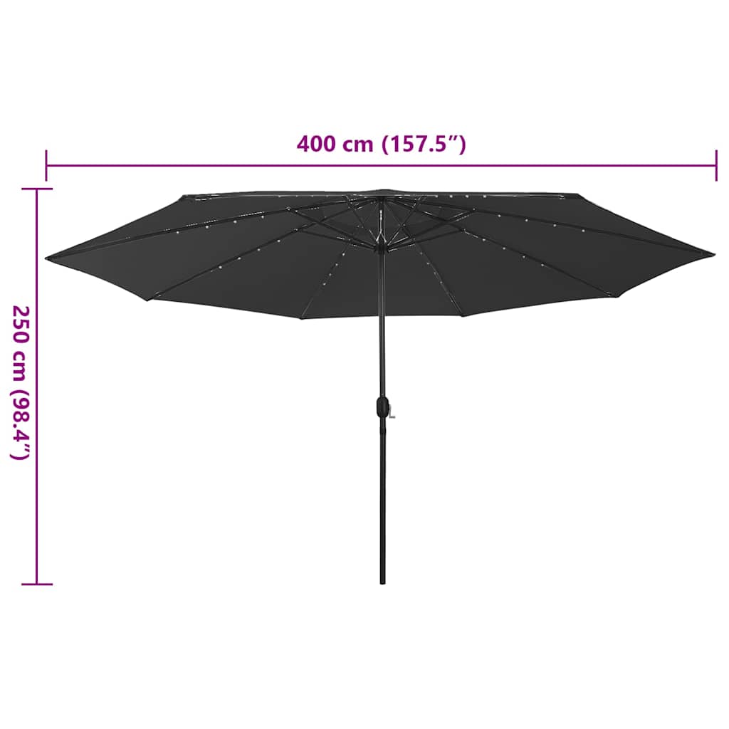 Sodo skėtis nuo saulės su LED lemputėmis, juodas, 400cm