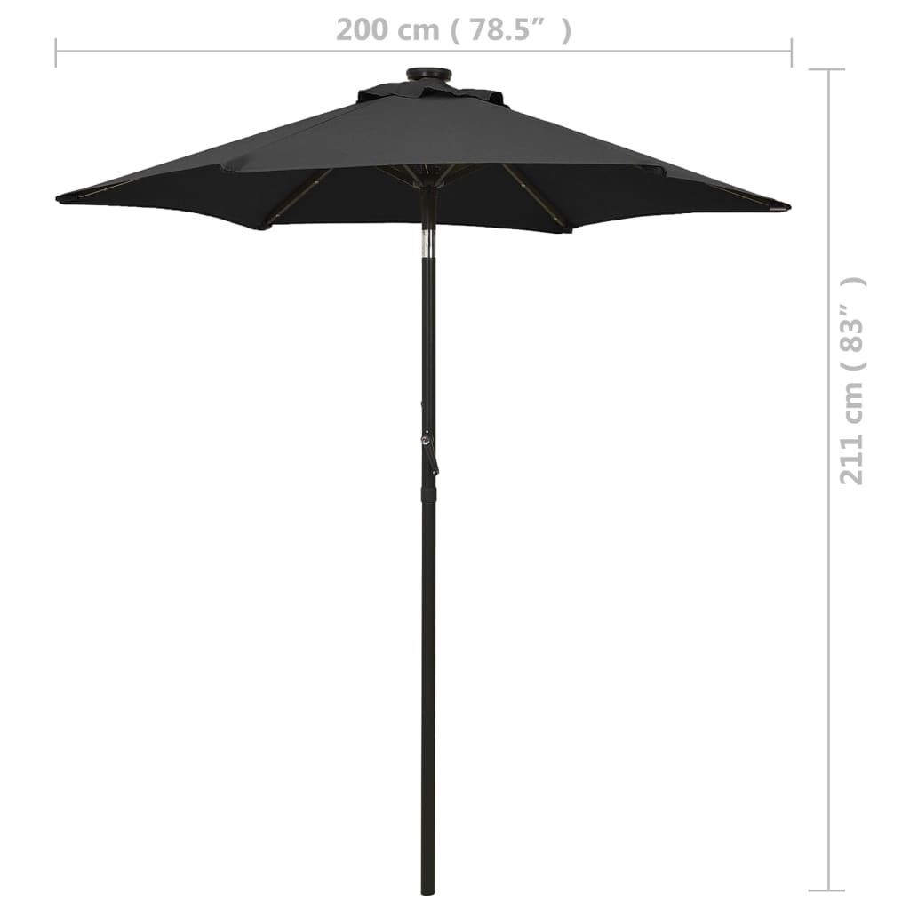 Sodo skėtis nuo saulės su LED, juodas, 200x211cm, aliuminis