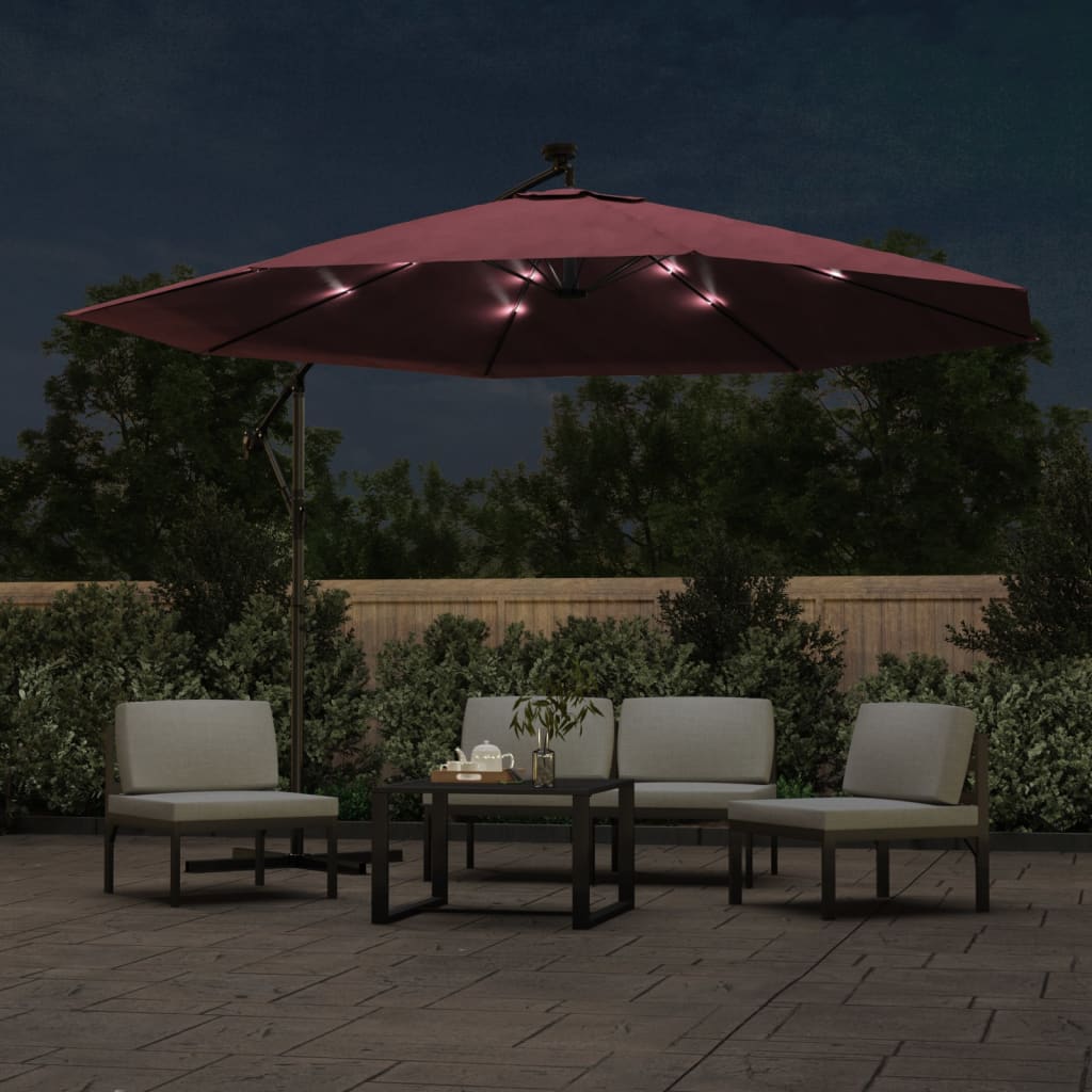 Gembinis sodo skėtis nuo saulės su LED, tamsiai raudonas, 350cm