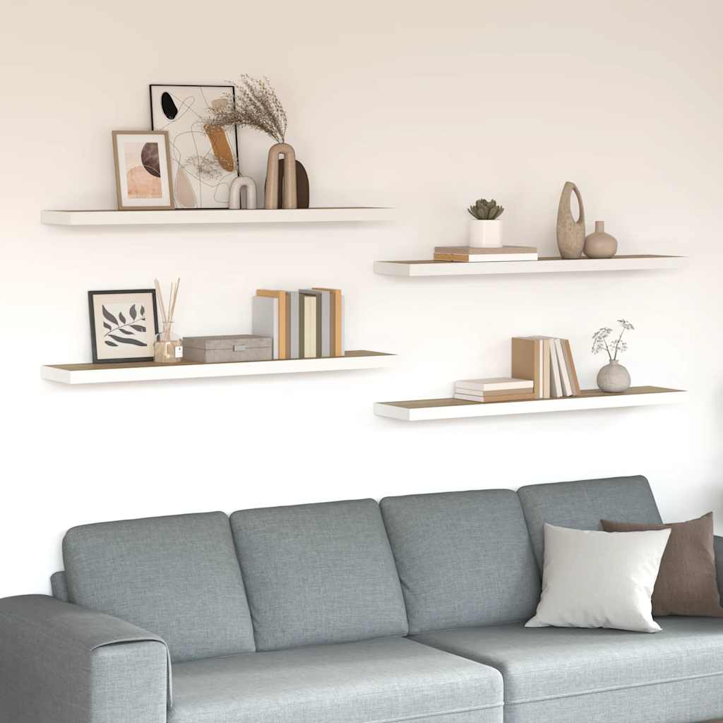 Pakabinamos lentynos, 4vnt., ąžuolo/baltos, 120x23,5x3,8cm, MDF