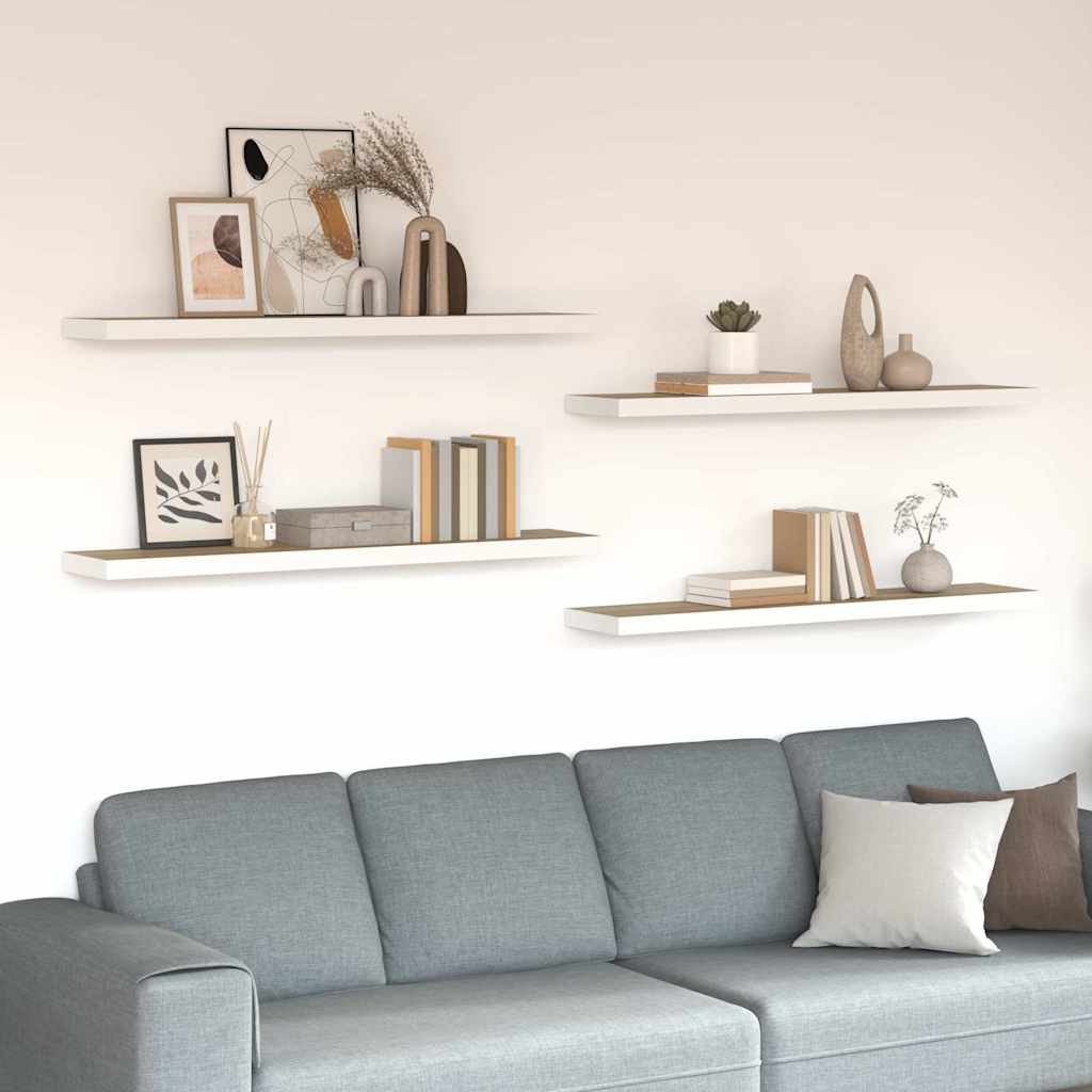 Pakabinamos lentynos, 4vnt., ąžuolo/baltos, 120x23,5x3,8cm, MDF