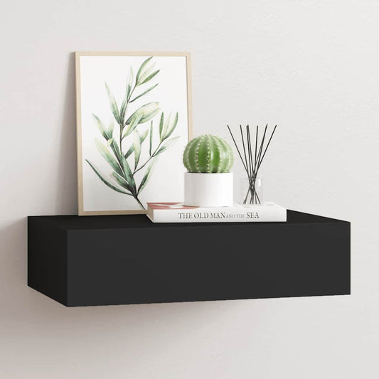 Sieninė lentyna su stalčiumi, juoda, 40x23,5x10cm, MDF