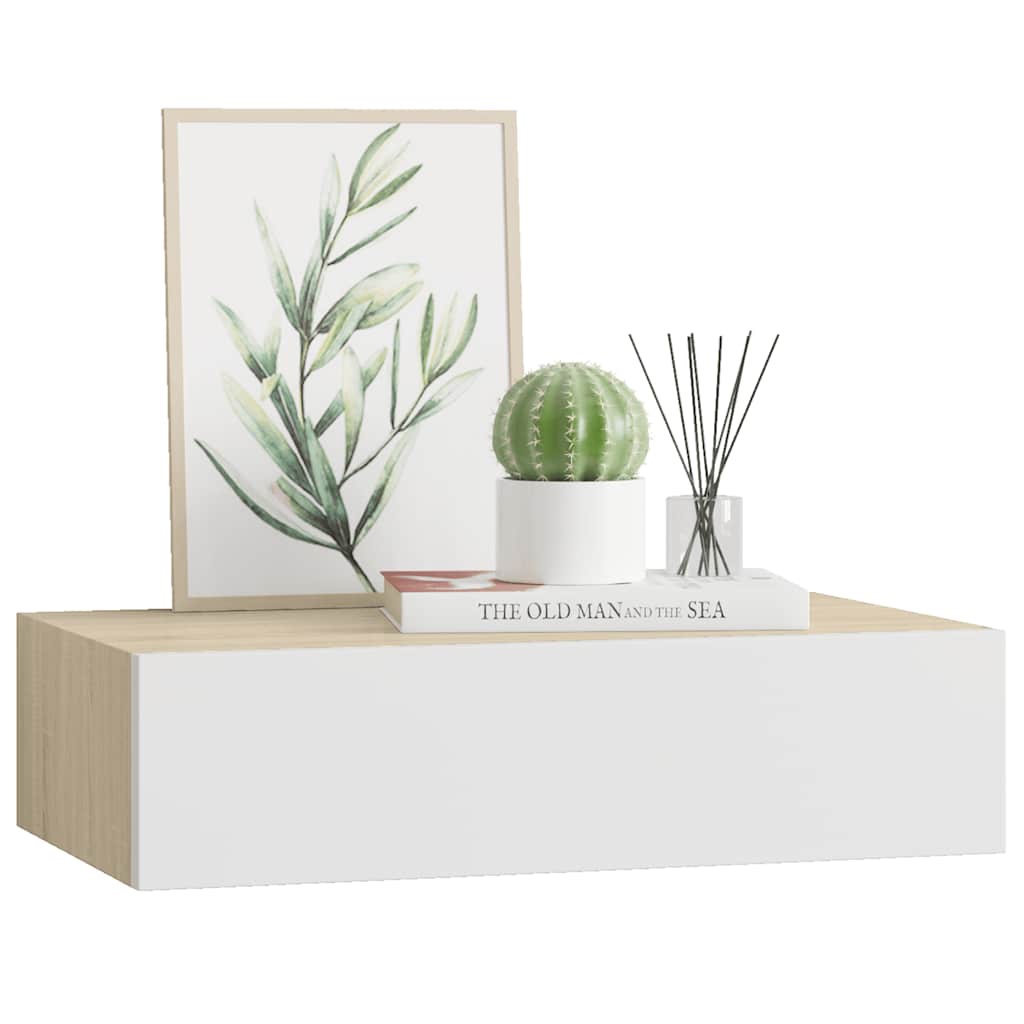 Sieninė lentyna su stalčiumi, ąžuolo/balta, 40x23,5x10cm, MDF