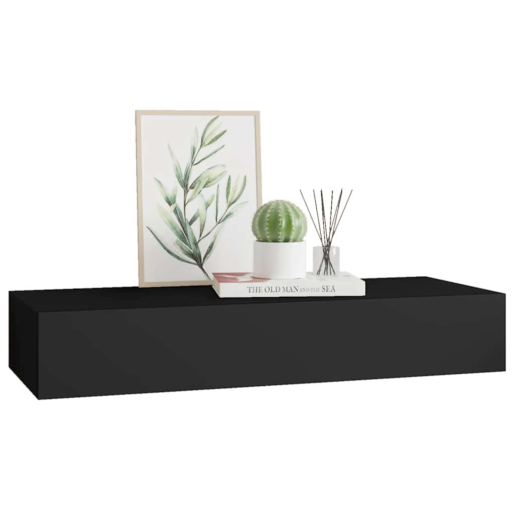 Sieninė lentyna su stalčiumi, juoda, 60x23,5x10cm, MDF
