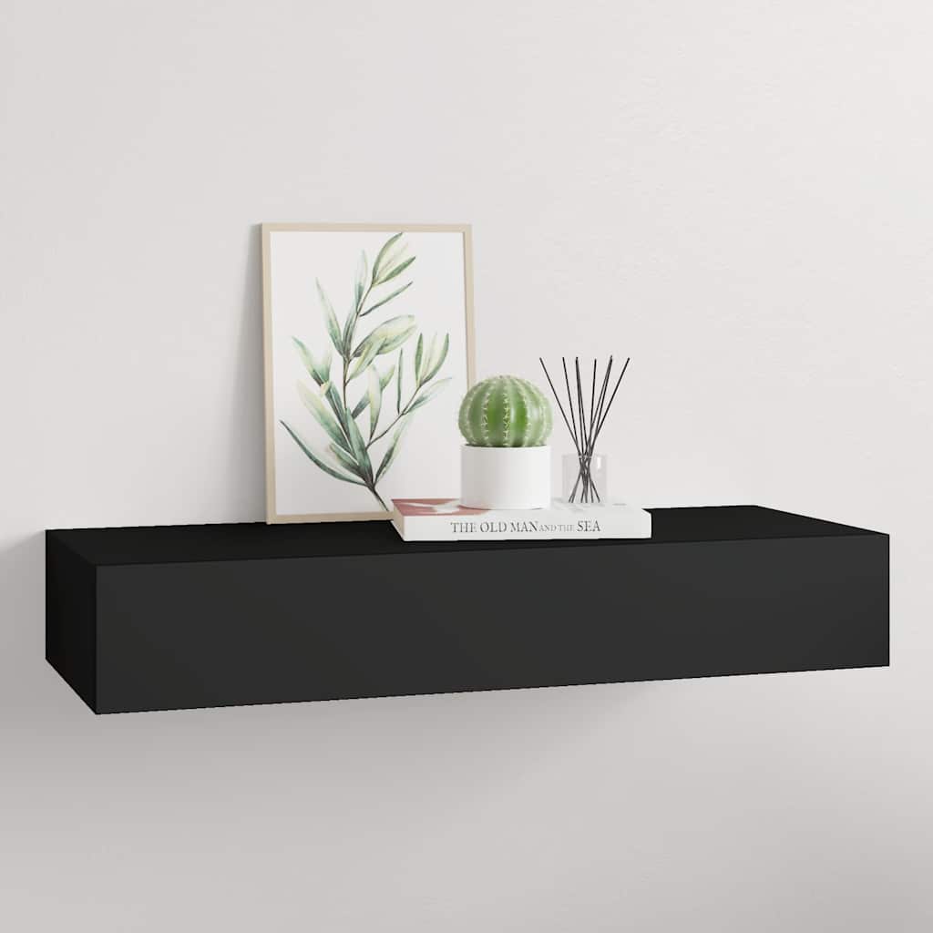 Sieninė lentyna su stalčiumi, juoda, 60x23,5x10cm, MDF