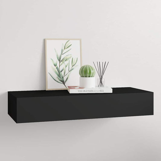 Sieninė lentyna su stalčiumi, juoda, 60x23,5x10cm, MDF