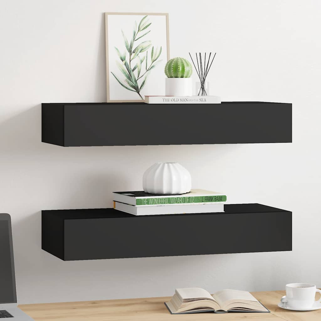 Lentynos su stalčiais, 2vnt., juodos, 60x23,5x10cm, MDF