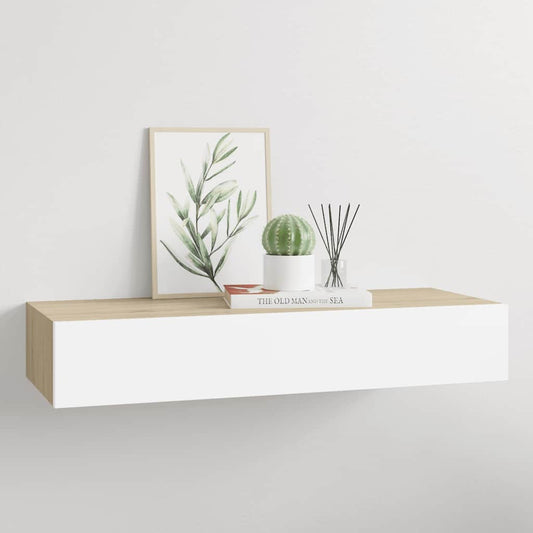 Prie sienos tvirtinama stalčių lentyna, ąžuolo ir baltos spalvos, 60x23,5x10cm, MDF