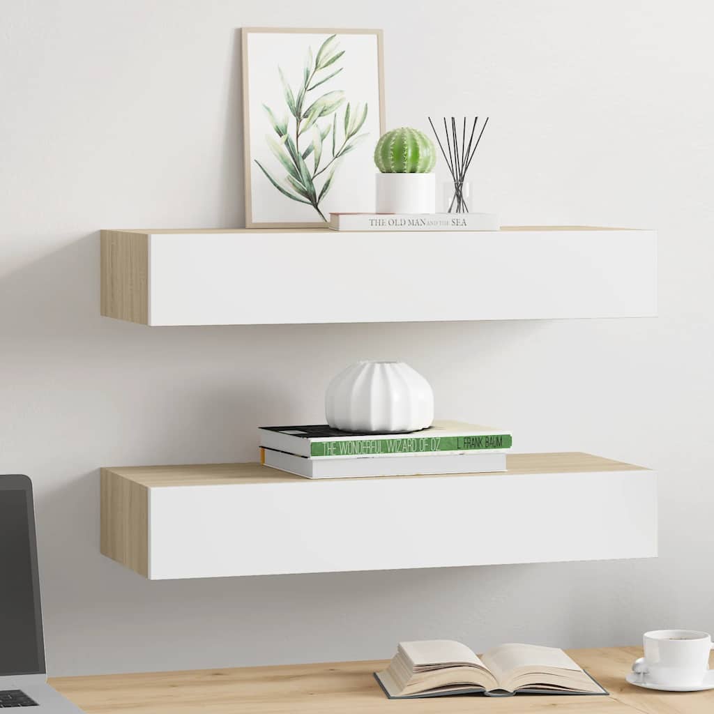 Sieninės stalčių lentynos, 2 vnt., ąžuolo ir baltos spalvos, 60x23,5x10cm, MDF
