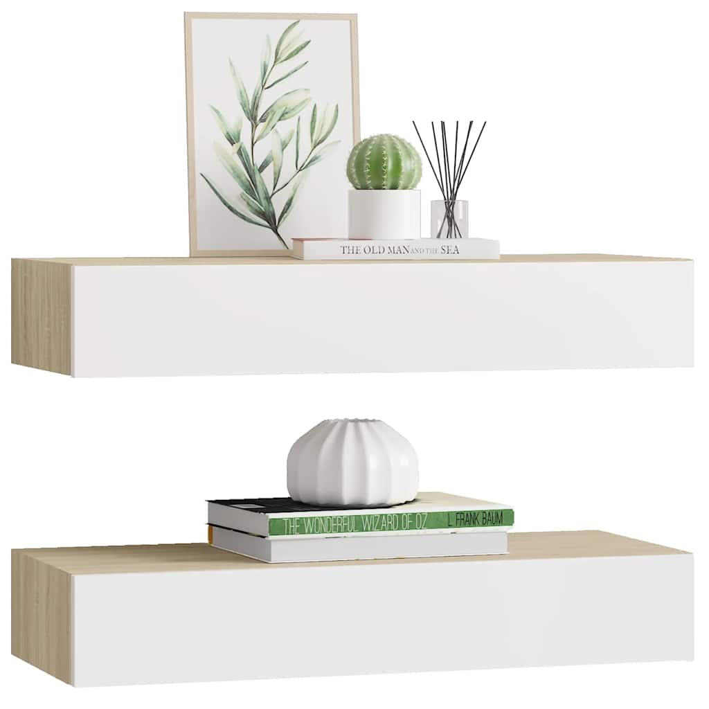 Sieninės stalčių lentynos, 2 vnt., ąžuolo ir baltos spalvos, 60x23,5x10cm, MDF