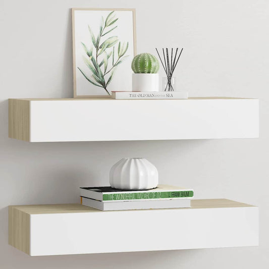 Sieninės stalčių lentynos, 2 vnt., ąžuolo ir baltos spalvos, 60x23,5x10cm, MDF
