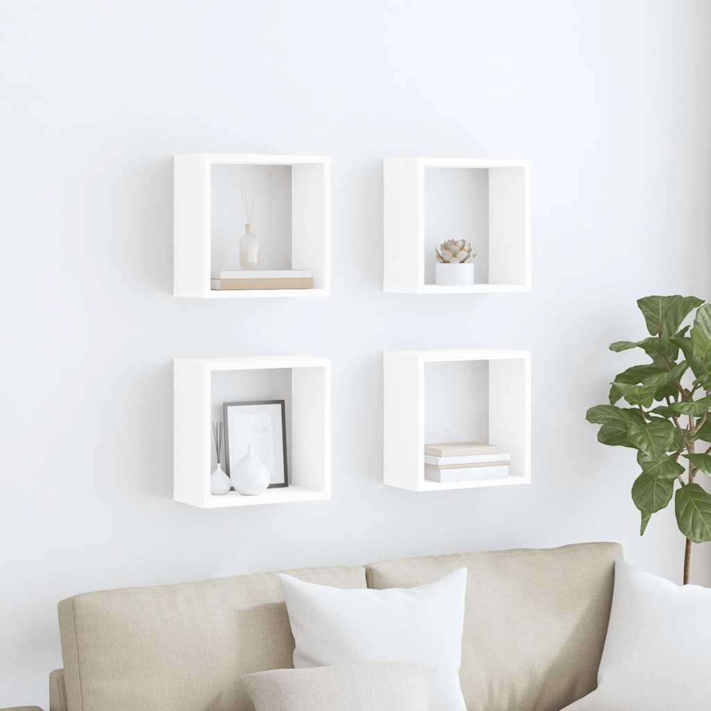 Sieninės lentynos, 4vnt., baltos, 30x15x30cm, kubo formos