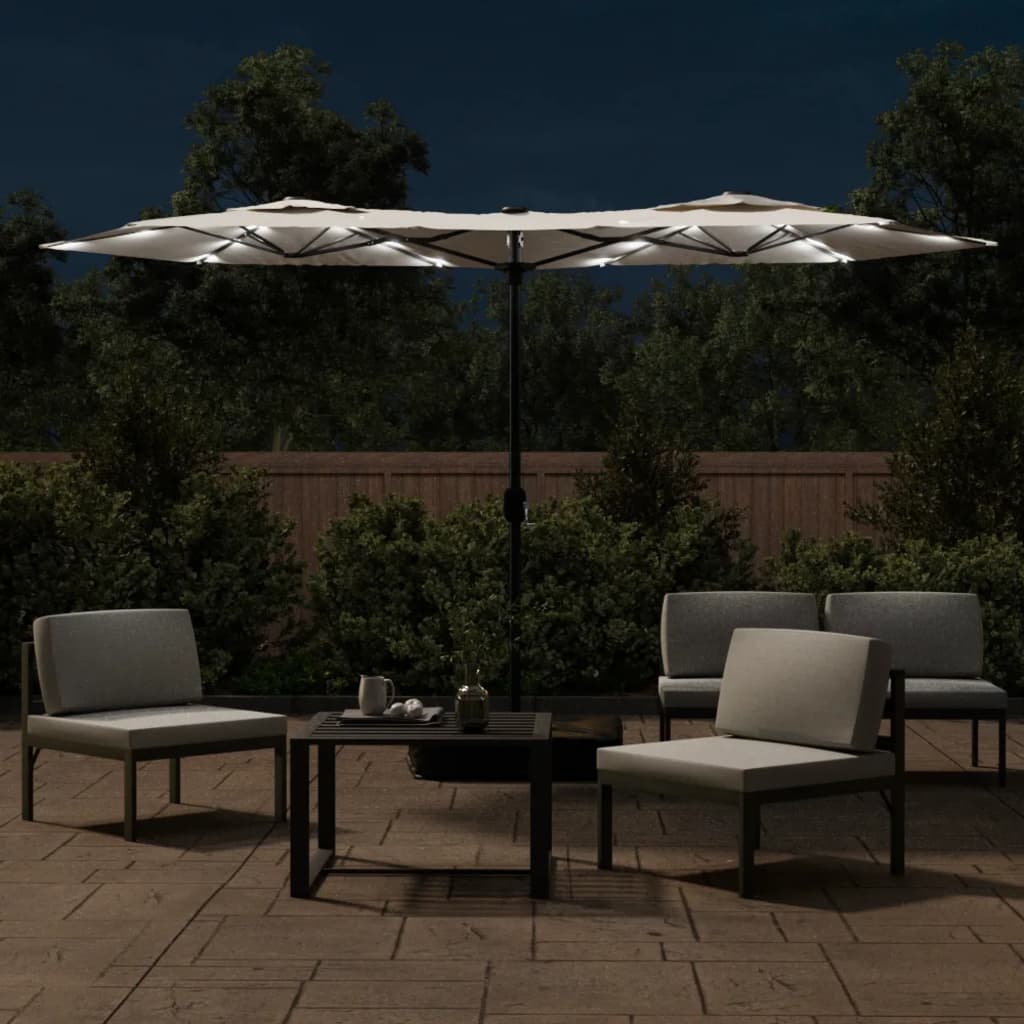 Dvigubas sodo skėtis nuo saulės su LED, smėlio, 316x145cm