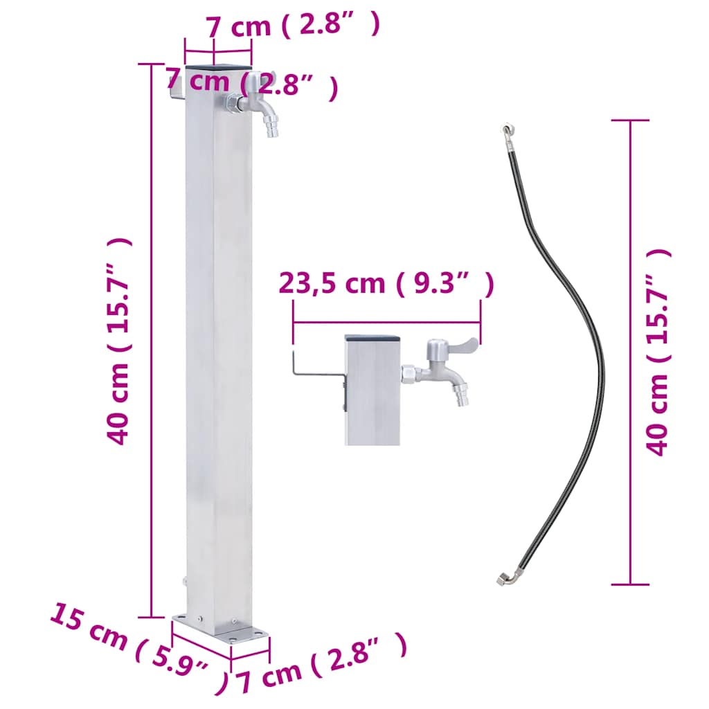 Vandens kolonėlė sodui, 40cm, nerūdijantis plienas, kvadratinė