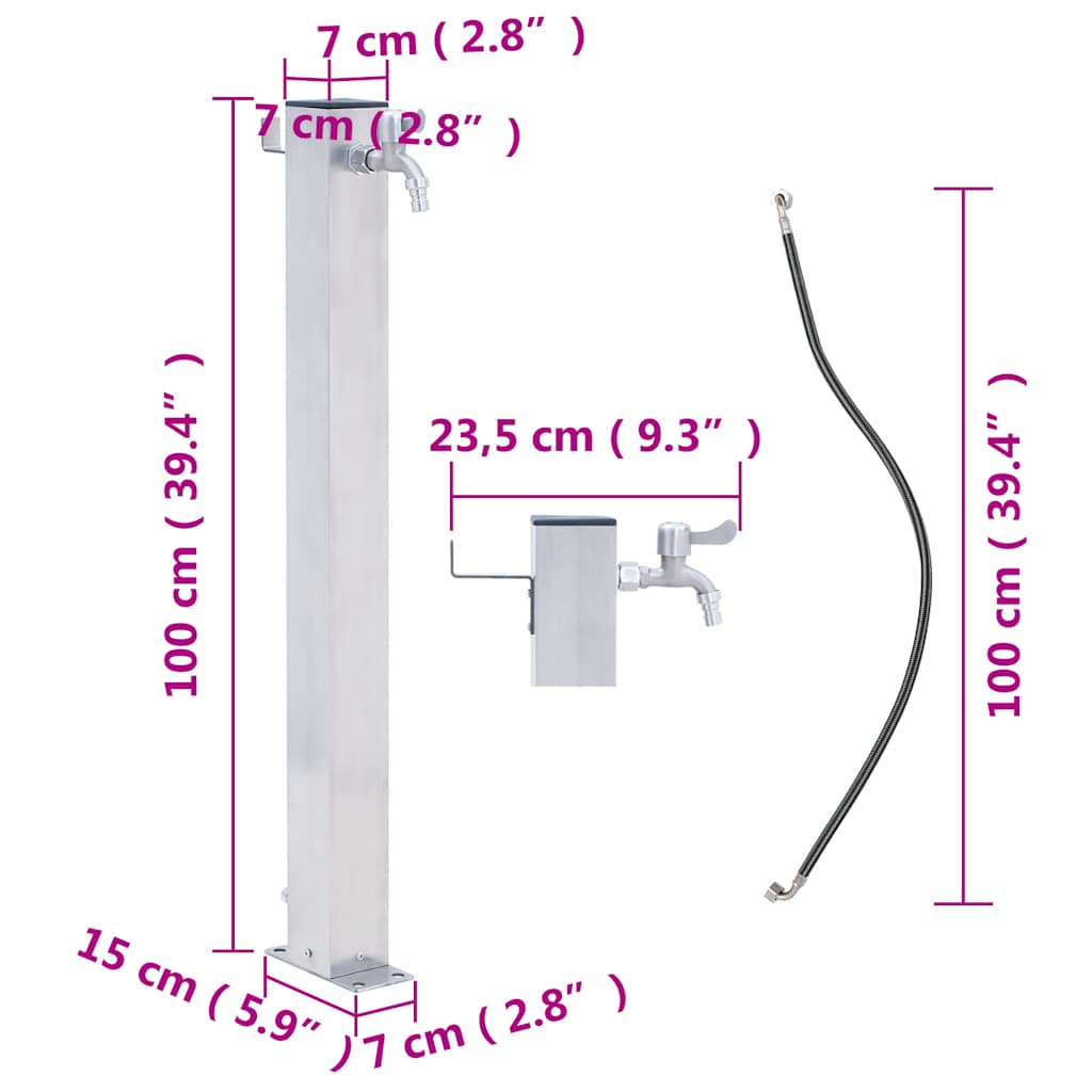 Vandens kolonėlė sodui, 100cm, nerūdijantis plienas, kvadratinė