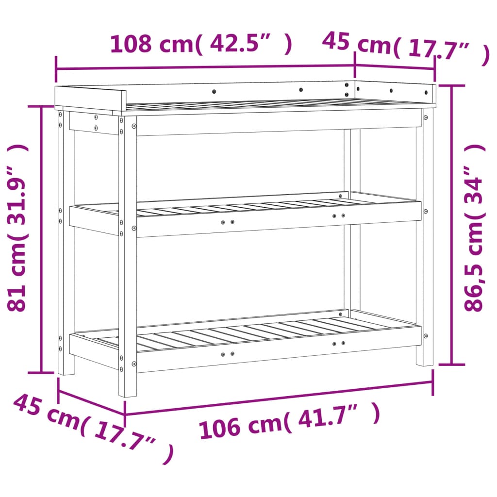 Sodinimo stalas su lentynomis, 108x45x86,5cm, impregnuota pušis