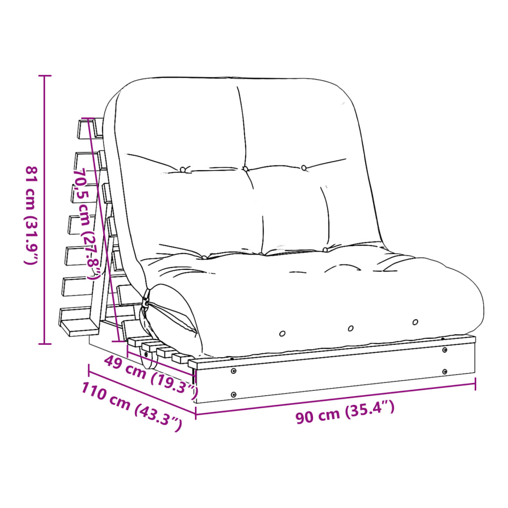 Futono sofa-lova su čiužiniu, 90x206x11cm, impregnuota pušis