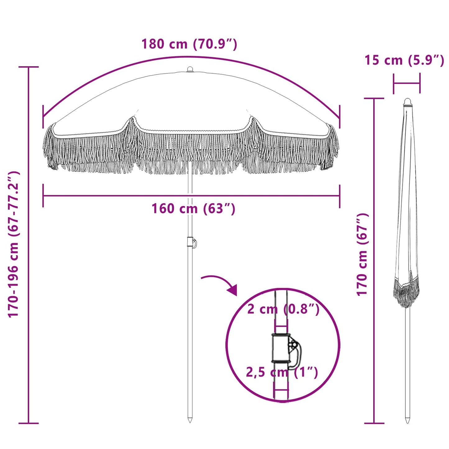 Skėtis nuo saulės Pilka ir balta Ø 160 x 195 cm Plienas