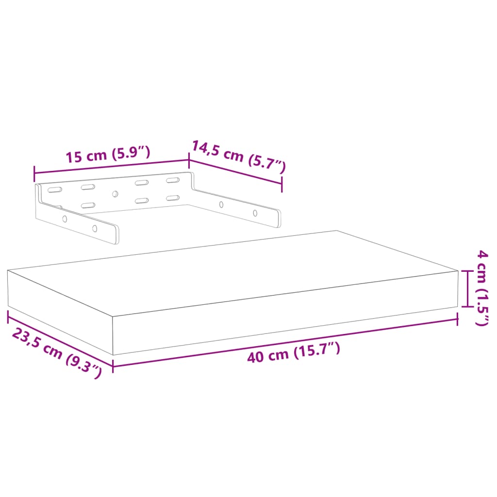 Pakabinamos lentynos, 4vnt., 40x23,5x4cm, apdirbta mediena